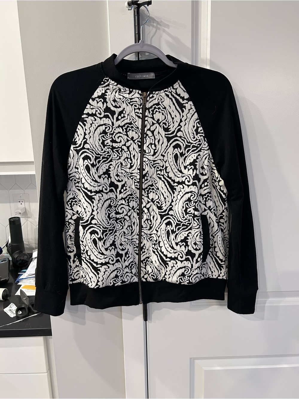 Coin 1804 Black & White Zip Paisley Pattern Jacket Light Boho Layering Statement